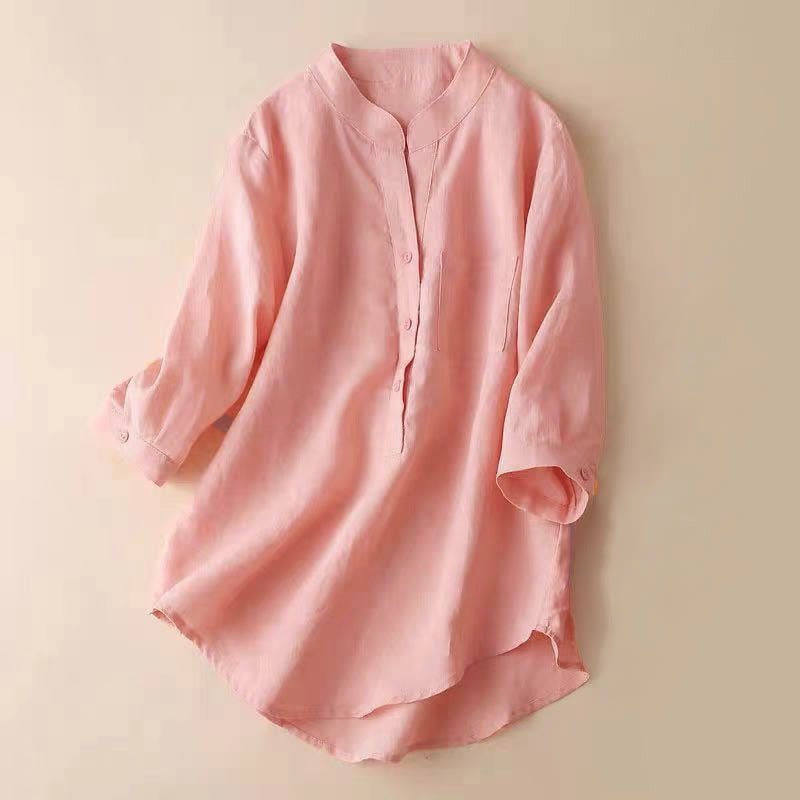 Buddha Stones Lässiges Damen-Shirt mit V-Ausschnitt und Dreiviertelärmeln, einfarbig, aus Baumwolle und Leinen - 	Lachs - US12, UK/AU16,EU44 (3XL) - image 13