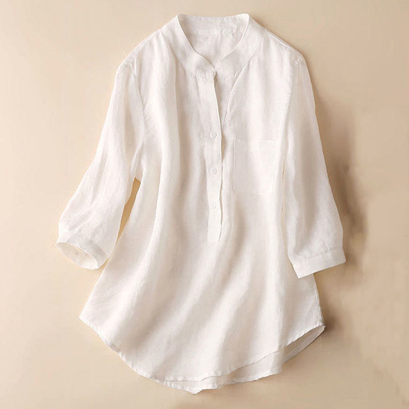 Buddha Stones Lässiges Damen-Shirt mit V-Ausschnitt und Dreiviertelärmeln, einfarbig, aus Baumwolle und Leinen - image 11