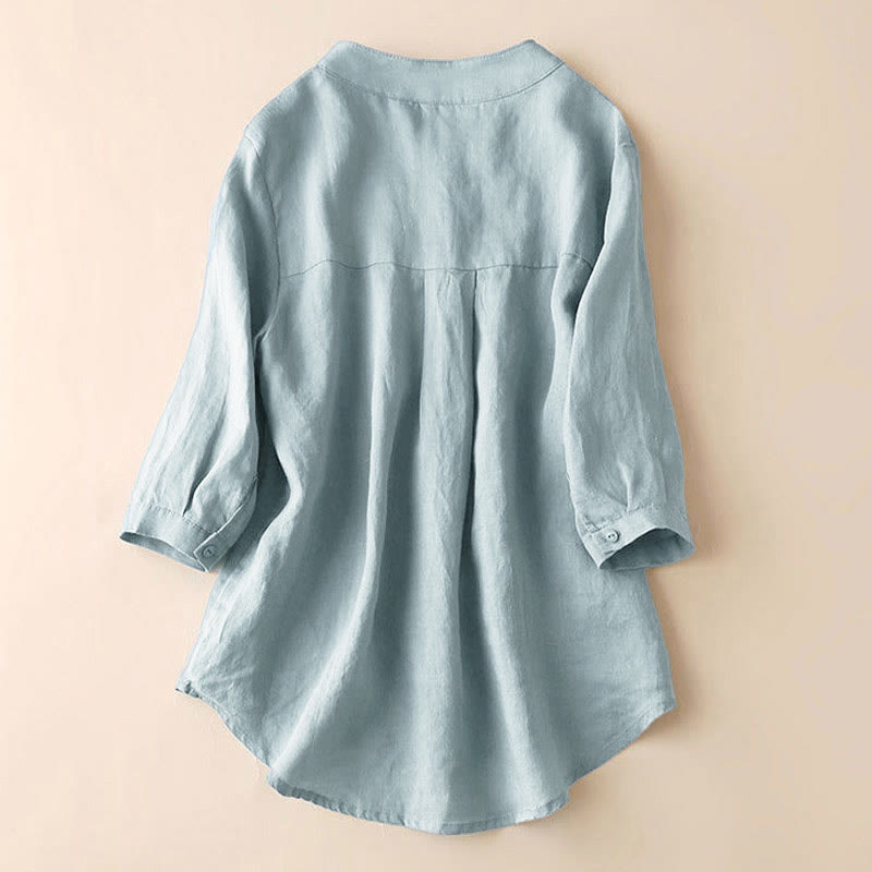 Buddha Stones Lässiges Damen-Shirt mit V-Ausschnitt und Dreiviertelärmeln, einfarbig, aus Baumwolle und Leinen - image 2