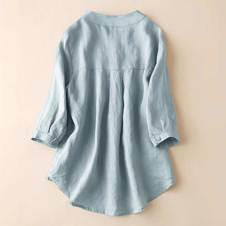 Buddha Stones Lässiges Damen-Shirt mit V-Ausschnitt und Dreiviertelärmeln, einfarbig, aus Baumwolle und Leinen - image 2