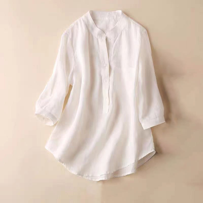 Buddha Stones Lässiges Damen-Shirt mit V-Ausschnitt und Dreiviertelärmeln, einfarbig, aus Baumwolle und Leinen - Weiß - US12, UK/AU16,EU44 (3XL) - image 8