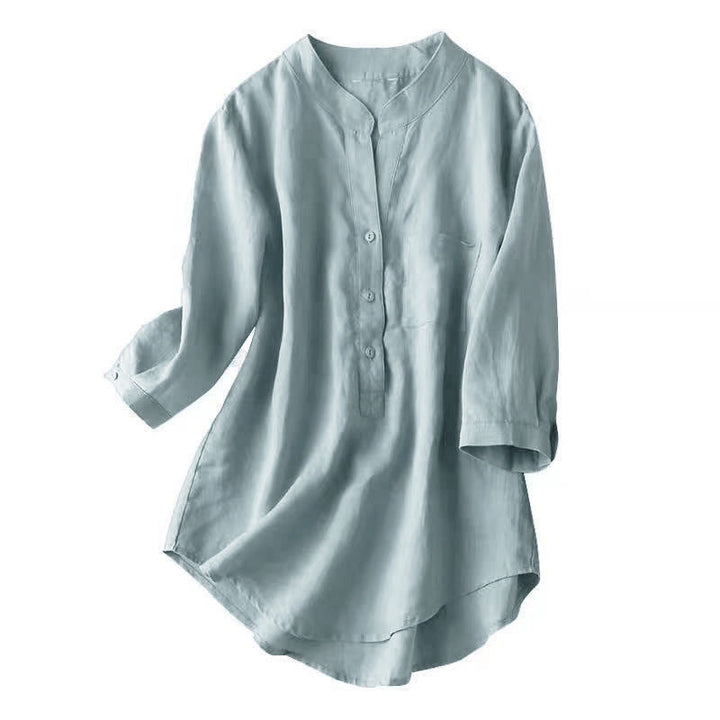 Buddha Stones Lässiges Damen-Shirt mit V-Ausschnitt und Dreiviertelärmeln, einfarbig, aus Baumwolle und Leinen - image 4