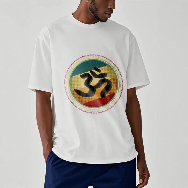 Buddha Stones, leuchtende Farben, einfaches kreisförmiges Mandala-Muster, Om-Symbol, T-Shirt aus Baumwolle - image 2
