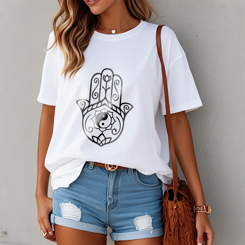 Buddha Stones Hamsa Hand Yin Yang Muster T-Shirt Baumwolle T-Shirt - image 10