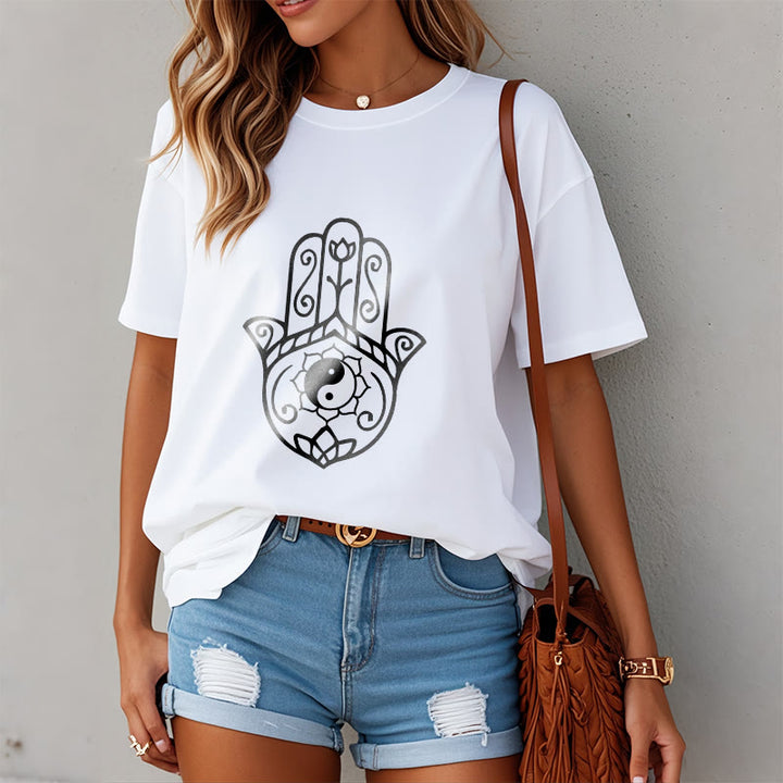 Buddha Stones Hamsa Hand Yin Yang Muster T-Shirt Baumwolle T-Shirt - image 10