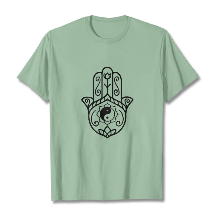 Buddha Stones Hamsa Hand Yin Yang Muster T-Shirt Baumwolle T-Shirt - Blassgrün - 2XL - image 15