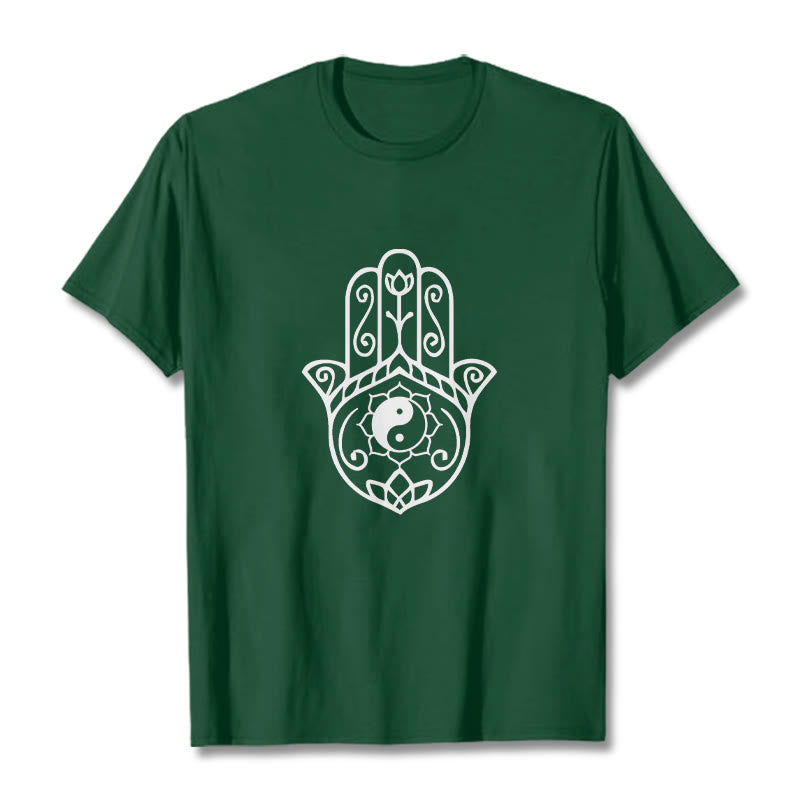 Buddha Stones Hamsa Hand Yin Yang Muster T-Shirt Baumwolle T-Shirt - WaldGrün - 2XL - image 1