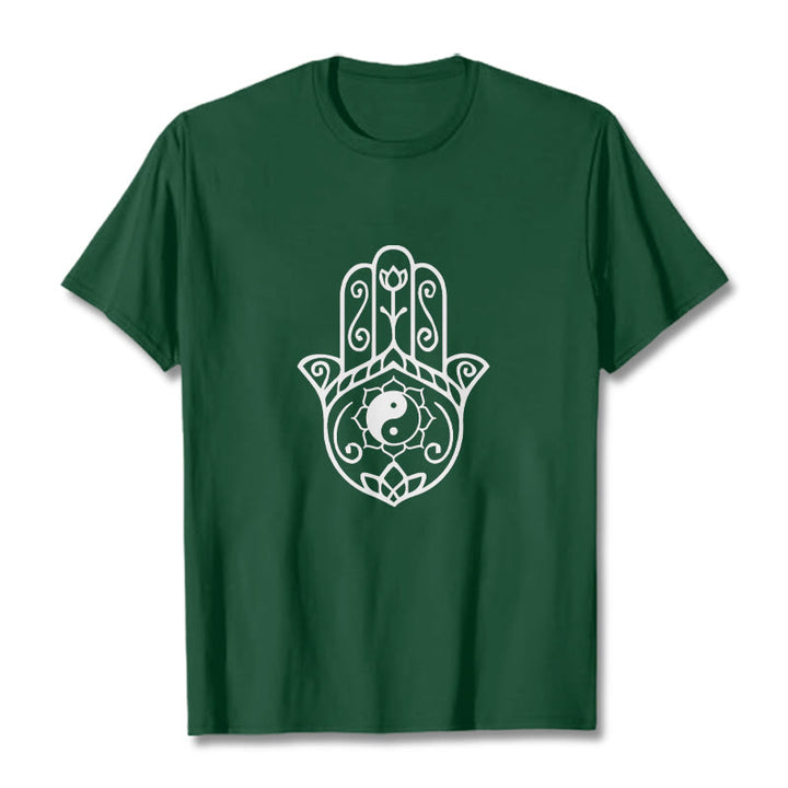 Buddha Stones Hamsa Hand Yin Yang Muster T-Shirt Baumwolle T-Shirt - WaldGrün - 2XL - image 1