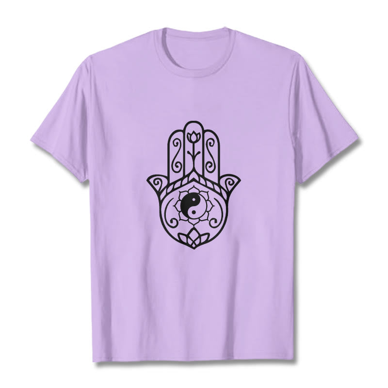 Buddha Stones Hamsa Hand Yin Yang Muster T-Shirt Baumwolle T-Shirt - Pflaume - 2XL - image 17