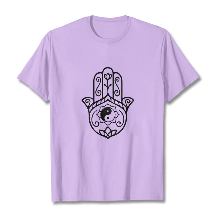Buddha Stones Hamsa Hand Yin Yang Muster T-Shirt Baumwolle T-Shirt - Pflaume - 2XL - image 17