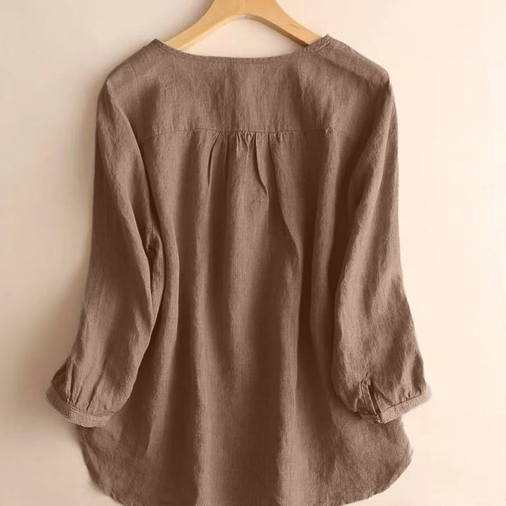 Buddha Stones Lässiges, schlichtes Damen-Hemd mit Rundhalsausschnitt und Dreiviertelärmeln - image 2