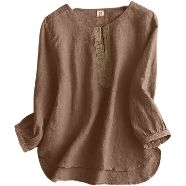 Buddha Stones Lässiges, schlichtes Damen-Hemd mit Rundhalsausschnitt und Dreiviertelärmeln - image 4