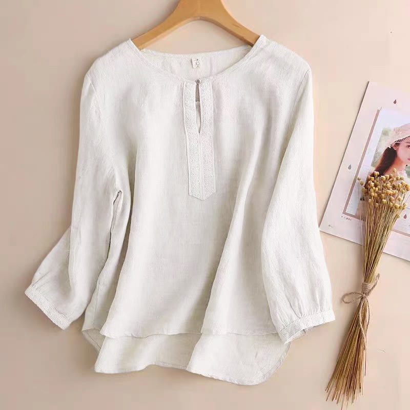 Buddha Stones Lässiges, schlichtes Damen-Hemd mit Rundhalsausschnitt und Dreiviertelärmeln - Leinen - US8-10, UK/AU12-14,EU40-42 (2XL) - image 13