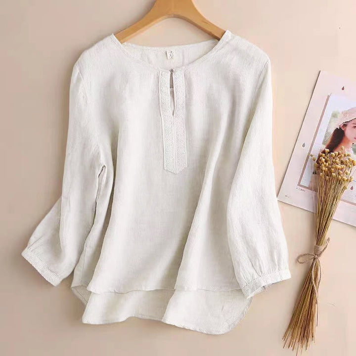 Buddha Stones Lässiges, schlichtes Damen-Hemd mit Rundhalsausschnitt und Dreiviertelärmeln - Leinen - US8-10, UK/AU12-14,EU40-42 (2XL) - image 13