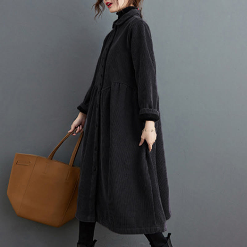 Buddha Stones Damenmantel mit schlichten Knöpfen, langärmlig, Baumwollcord, Fleecefutter und Taschen - image 4