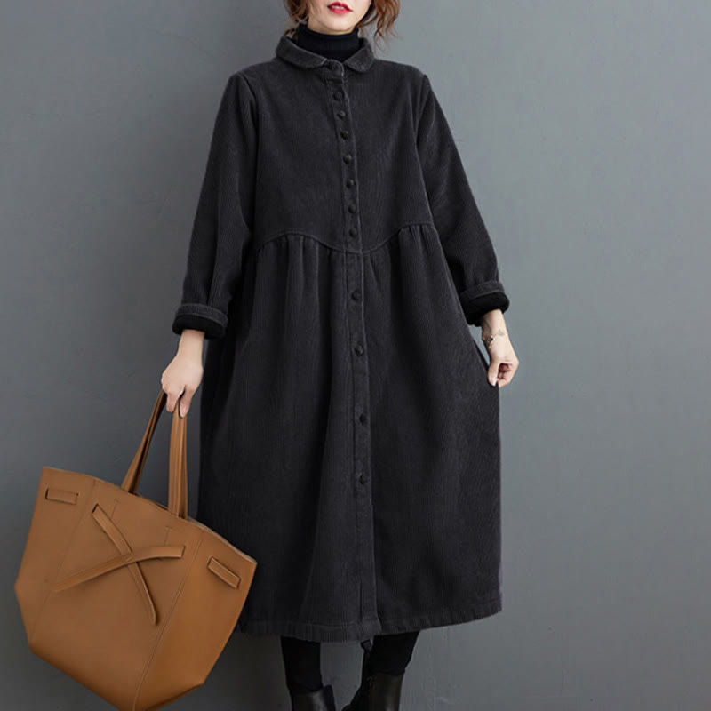 Buddha Stones Damenmantel mit schlichten Knöpfen, langärmlig, Baumwollcord, Fleecefutter und Taschen - image 6