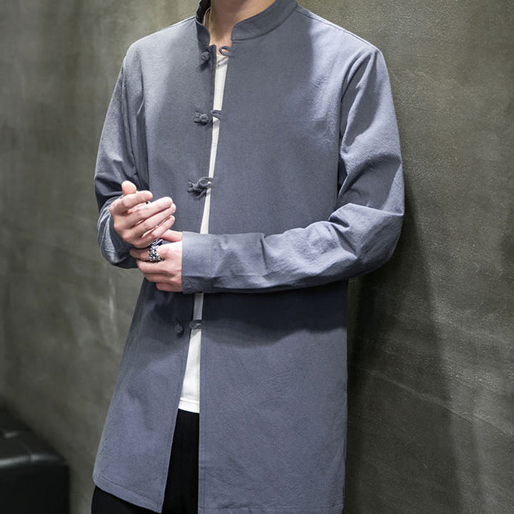 Buddha Stones Einfacher Tang-Anzug, schlichtes chinesisches Frosch-Knopf-Herren-Baumwoll-Langarm-Jackenhemd - image 9