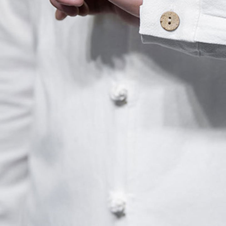 Buddha Stones Einfacher Tang-Anzug, schlichtes chinesisches Frosch-Knopf-Herren-Baumwoll-Langarm-Jackenhemd - image 21