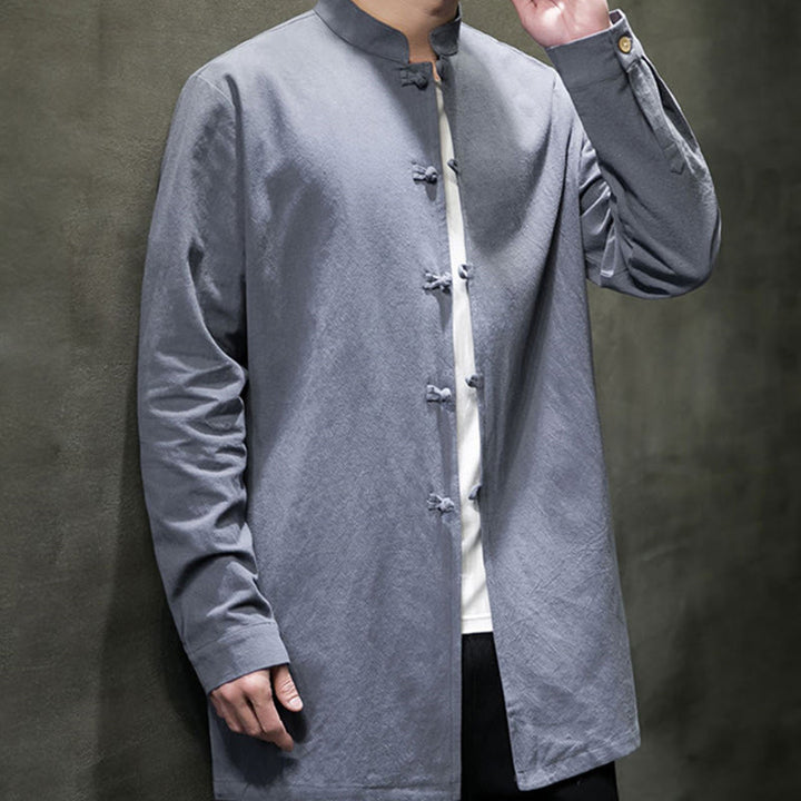 Buddha Stones Einfacher Tang-Anzug, schlichtes chinesisches Frosch-Knopf-Herren-Baumwoll-Langarm-Jackenhemd - image 3