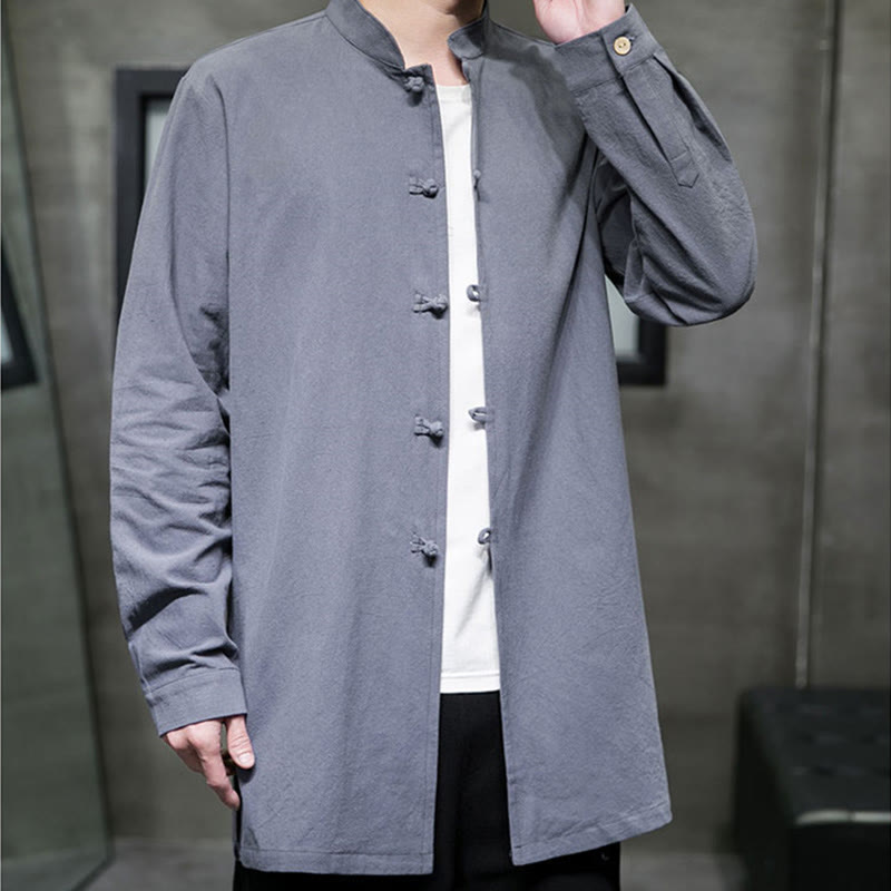 Buddha Stones Einfacher Tang-Anzug, schlichtes chinesisches Frosch-Knopf-Herren-Baumwoll-Langarm-Jackenhemd - image 2