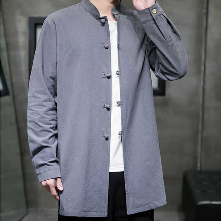 Buddha Stones Einfacher Tang-Anzug, schlichtes chinesisches Frosch-Knopf-Herren-Baumwoll-Langarm-Jackenhemd - image 2