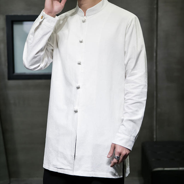 Buddha Stones Einfacher Tang-Anzug, schlichtes chinesisches Frosch-Knopf-Herren-Baumwoll-Langarm-Jackenhemd - image 18