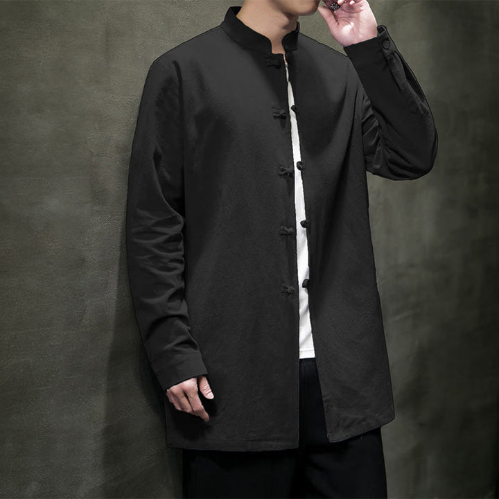 Buddha Stones Einfacher Tang-Anzug, schlichtes chinesisches Frosch-Knopf-Herren-Baumwoll-Langarm-Jackenhemd - image 24