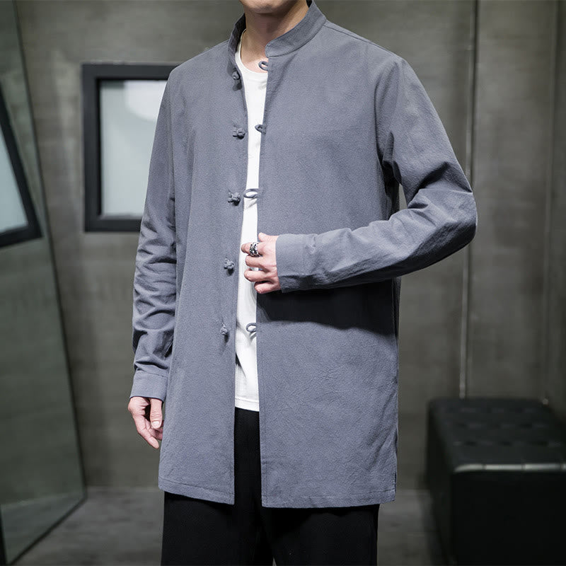 Buddha Stones Einfacher Tang-Anzug, schlichtes chinesisches Frosch-Knopf-Herren-Baumwoll-Langarm-Jackenhemd - Hellstahlblau - US/ UK/AU46,EU56 (5XL) - image 0