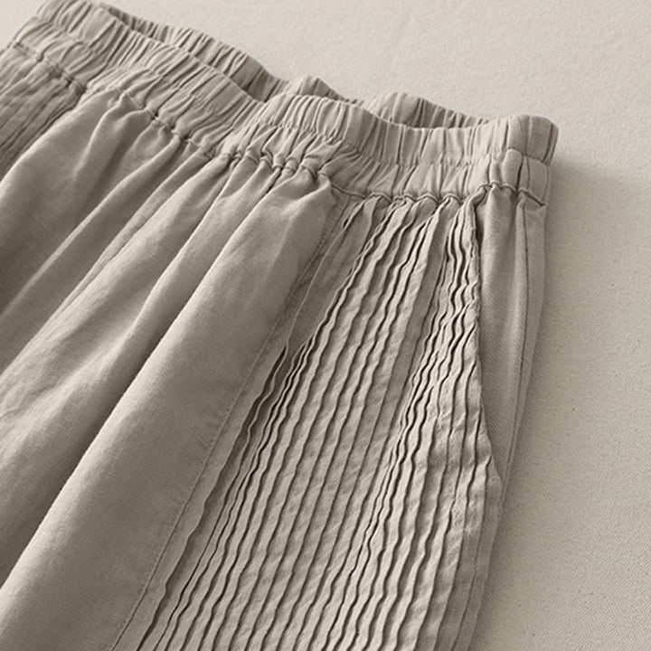 Buddha Stones Lässige, schlichte Tucker-Falten, elastische Damen-Polyesterhose mit weitem Bein und Taschen - image 14