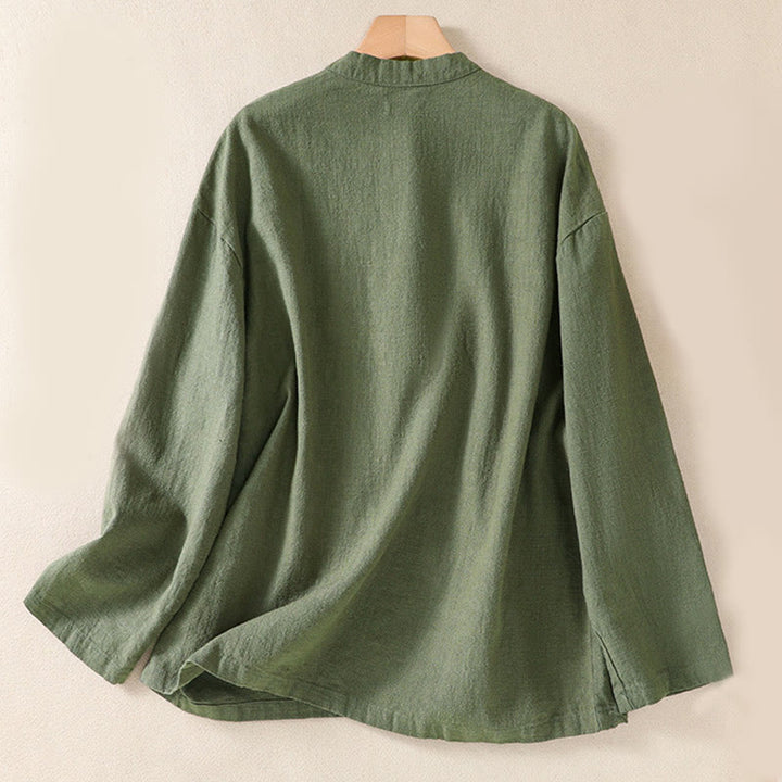 Buddha Stones Lässiges Damen-Langarmshirt mit Knöpfen und Rundhalsausschnitt aus Baumwolle mit Taschen - image 1