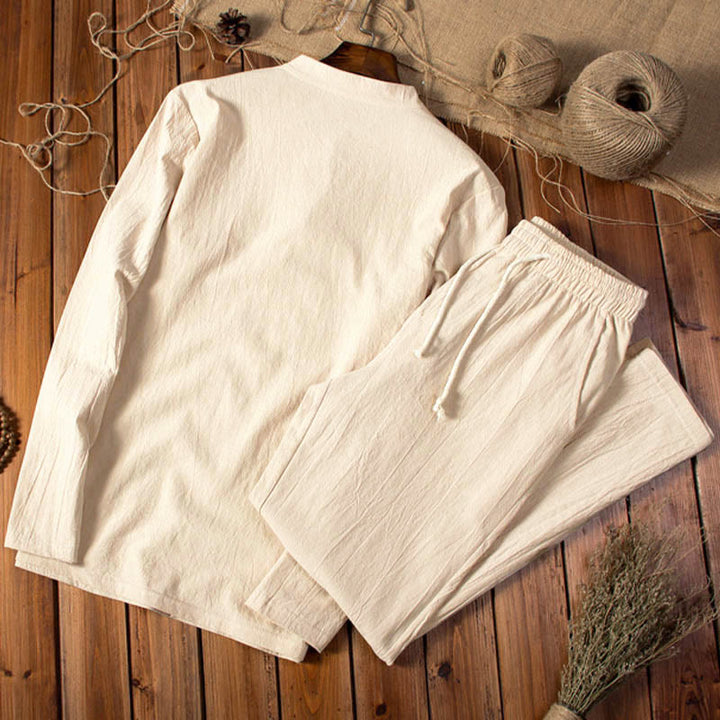 Buddha Stones Reine Farbe Baumwolle Leinen Langarm Top Hosen Kleidung Herren Set - image 2