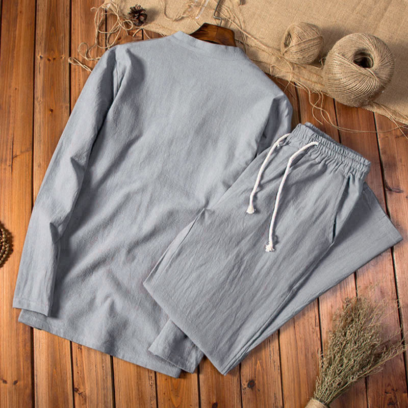 Buddha Stones Reine Farbe Baumwolle Leinen Langarm Top Hosen Kleidung Herren Set - image 9