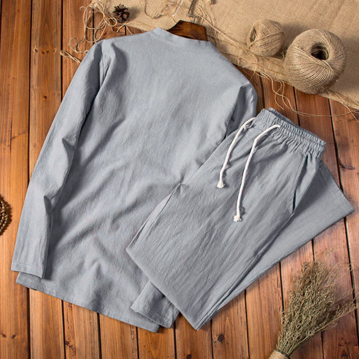 Buddha Stones Reine Farbe Baumwolle Leinen Langarm Top Hosen Kleidung Herren Set - image 9