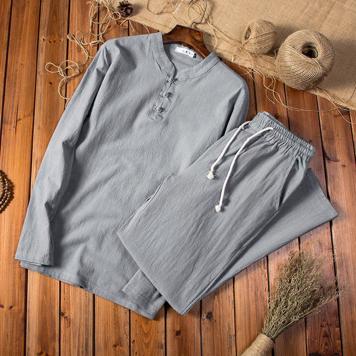 Buddha Stones Reine Farbe Baumwolle Leinen Langarm Top Hosen Kleidung Herren Set - Dunkelgrau - US/ UK/AU44,EU54 (5XL) - image 8