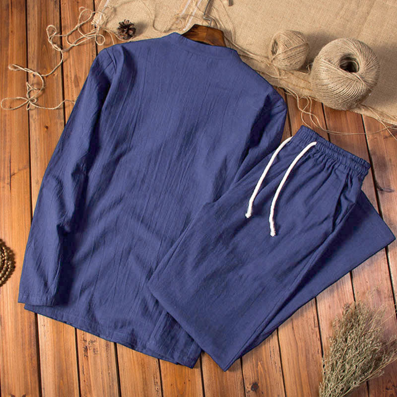 Buddha Stones Reine Farbe Baumwolle Leinen Langarm Top Hosen Kleidung Herren Set - image 13