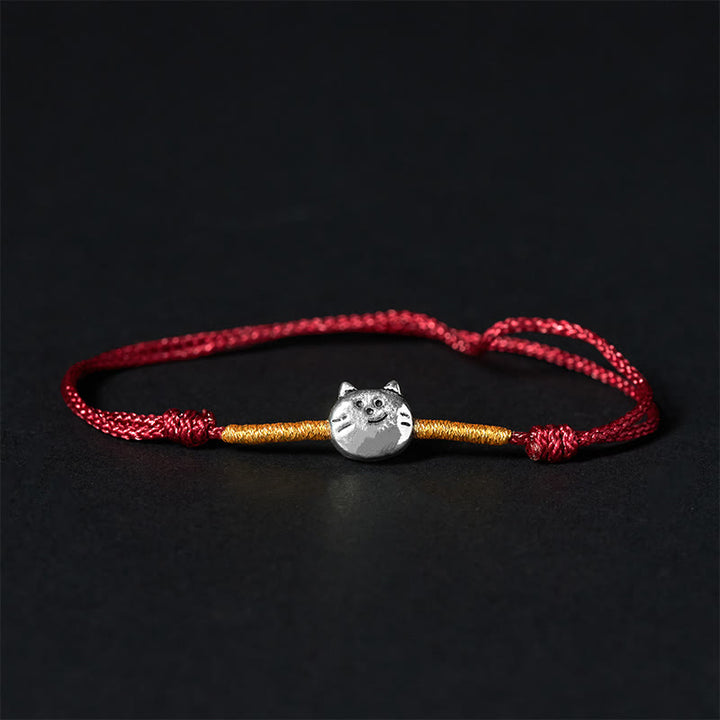 Buddha Stones 925 Sterling Silber süße Katze rote Schnur geflochtenes Armband - Goldene rote Schnur (Handgelenkumfang 14–18 cm) - image 0