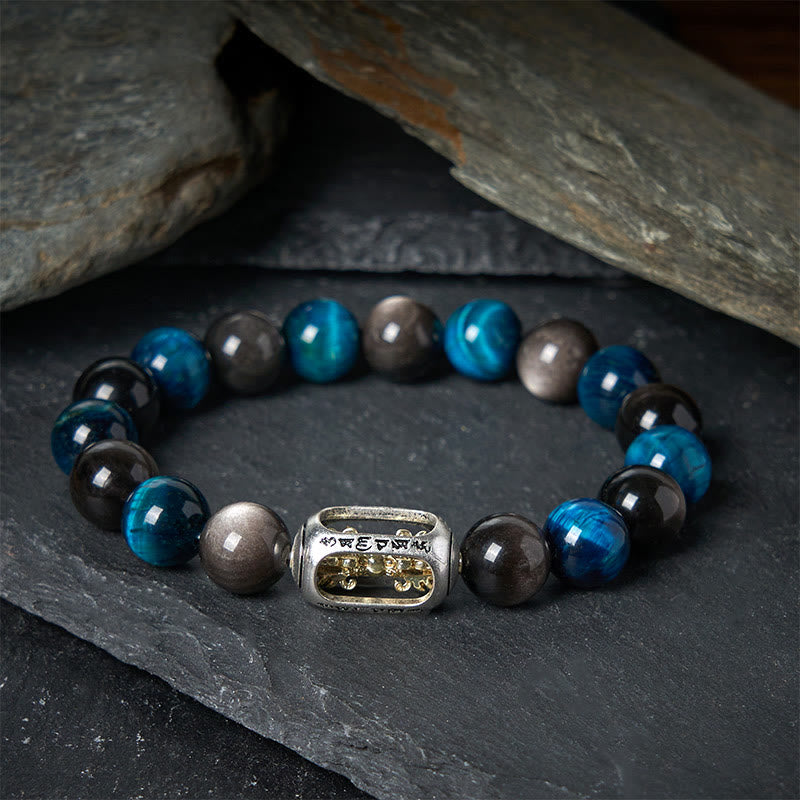 Buddha Stones, natürlicher Silberglanz, Obsidian, blaues Tigerauge, Om Mani Padme Hum, beruhigendes Armband - 20 cm - image 0