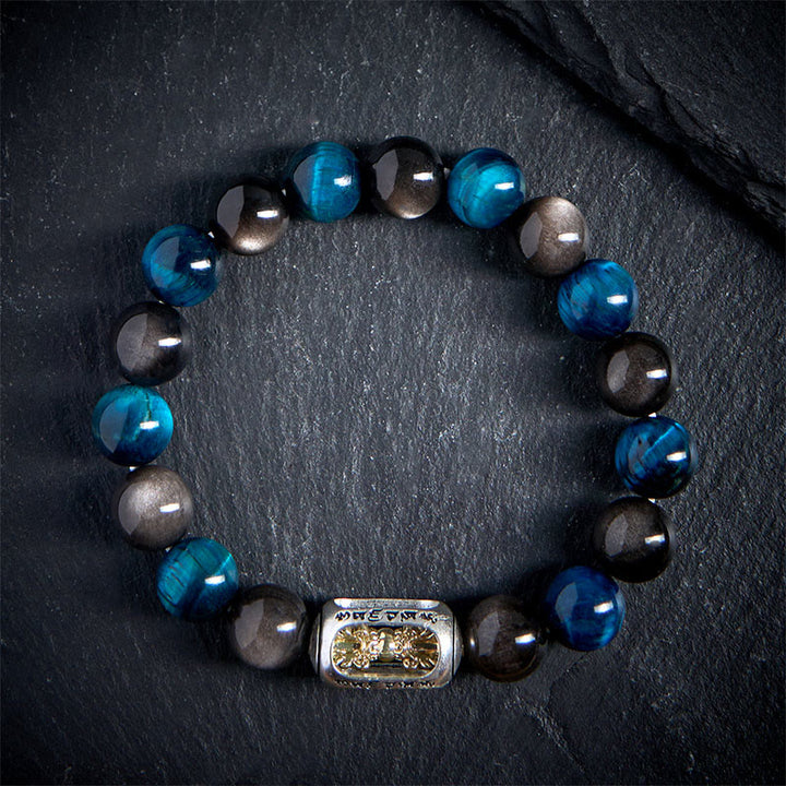Buddha Stones, natürlicher Silberglanz, Obsidian, blaues Tigerauge, Om Mani Padme Hum, beruhigendes Armband - image 1