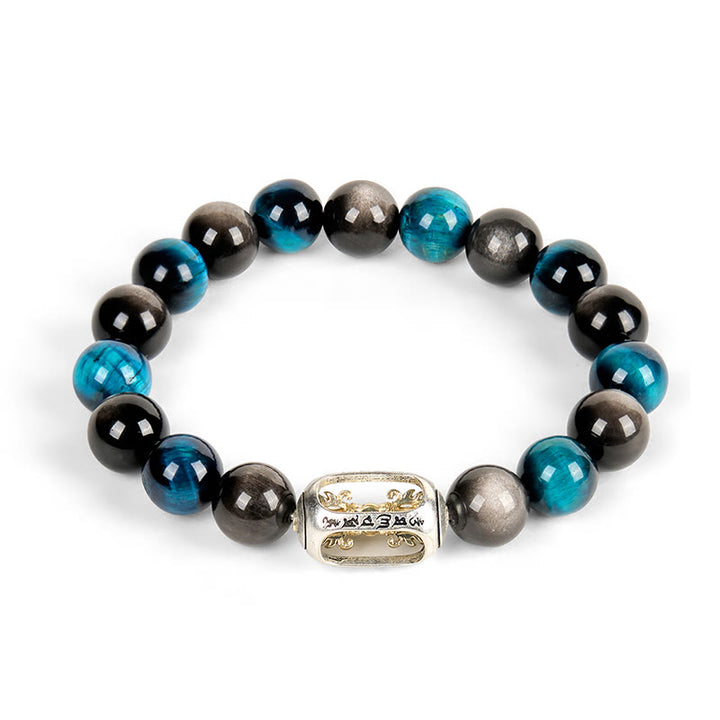 Buddha Stones, natürlicher Silberglanz, Obsidian, blaues Tigerauge, Om Mani Padme Hum, beruhigendes Armband - image 4