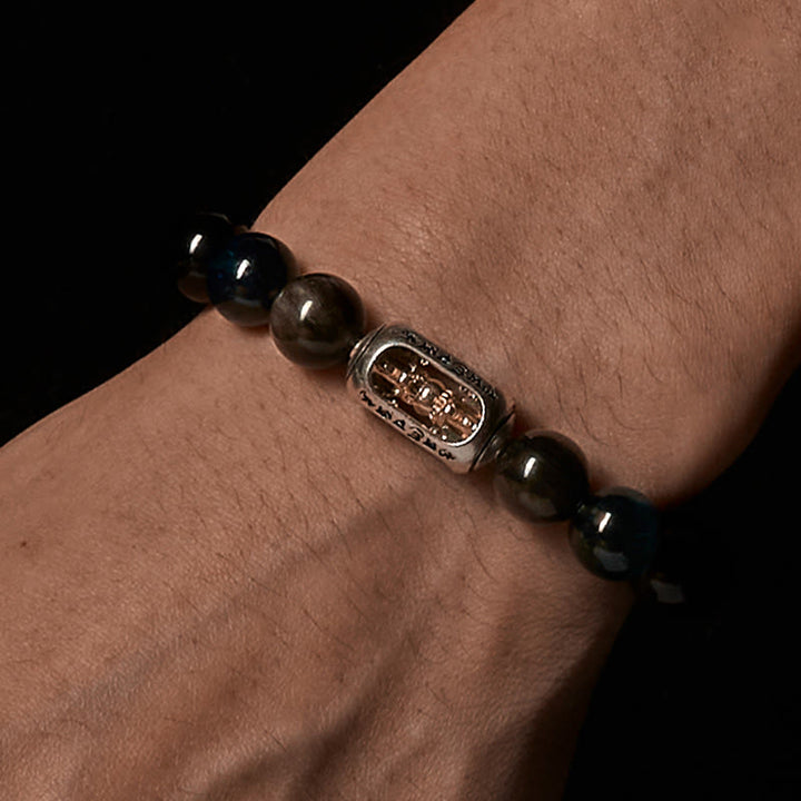 Buddha Stones, natürlicher Silberglanz, Obsidian, blaues Tigerauge, Om Mani Padme Hum, beruhigendes Armband - image 3