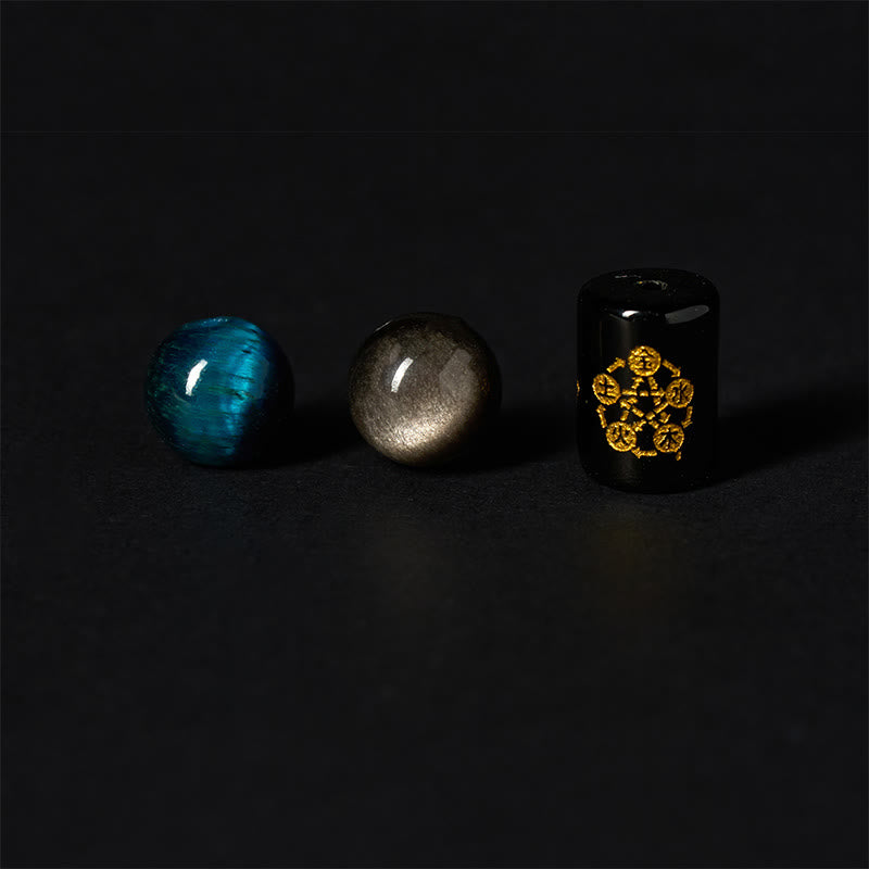 Buddha Stones Silberglanz Obsidian Blau Tigerauge Schwarz Onyx Fünf Elemente Schutzarmband - image 7