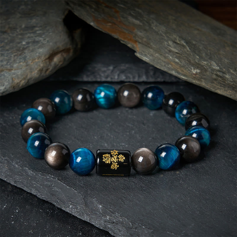 Buddha Stones Silberglanz Obsidian Blau Tigerauge Schwarz Onyx Fünf Elemente Schutzarmband - 20 cm - image 0