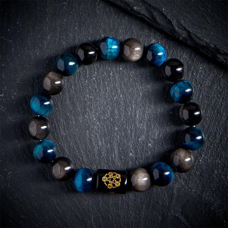 Buddha Stones Silberglanz Obsidian Blau Tigerauge Schwarz Onyx Fünf Elemente Schutzarmband - image 1