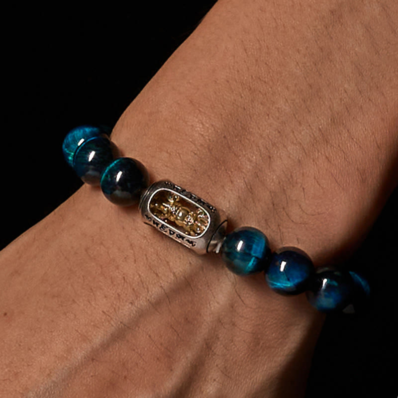 Buddha Stones Natürliches blaues Tigerauge Om Mani Padme Hum Kraftarmband - image 2