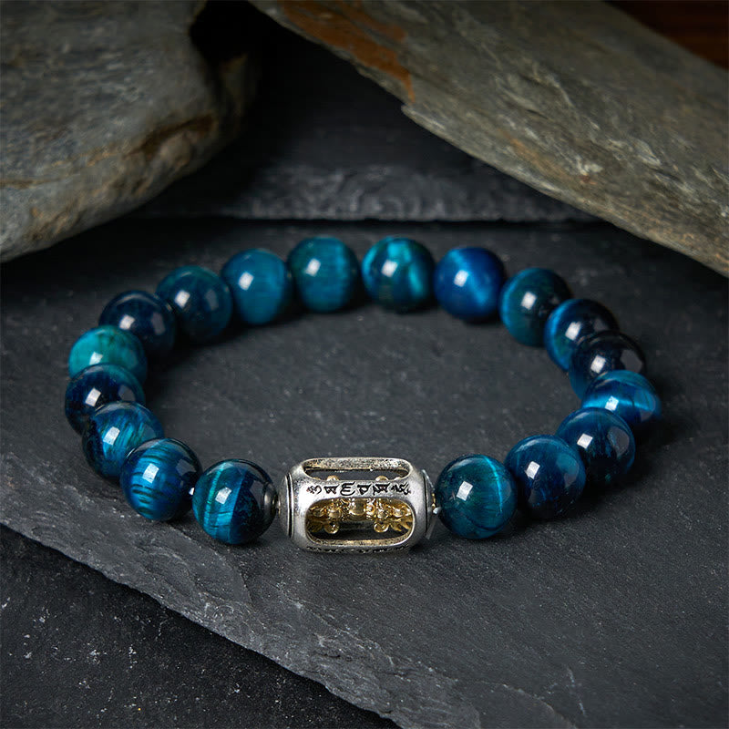 Buddha Stones Natürliches blaues Tigerauge Om Mani Padme Hum Kraftarmband - 20 cm - image 0