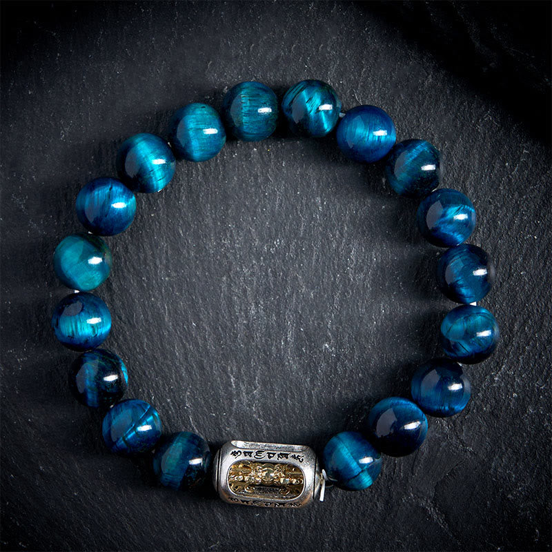Buddha Stones Natürliches blaues Tigerauge Om Mani Padme Hum Kraftarmband - image 1