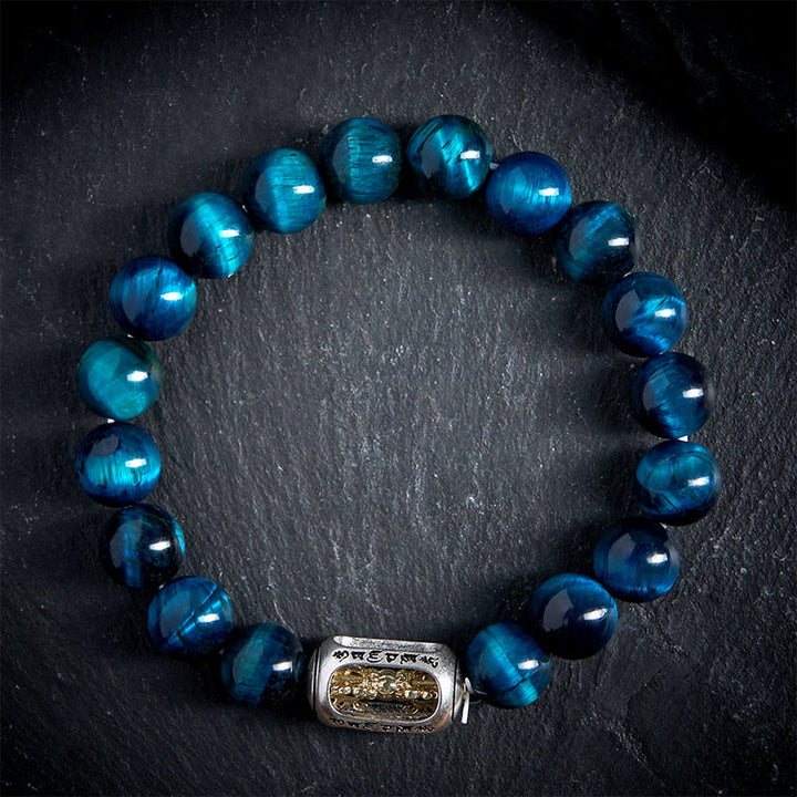 Buddha Stones Natürliches blaues Tigerauge Om Mani Padme Hum Kraftarmband - image 1