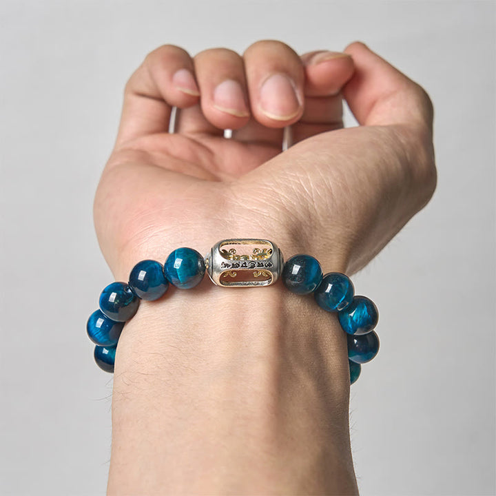 Buddha Stones Natürliches blaues Tigerauge Om Mani Padme Hum Kraftarmband - image 3