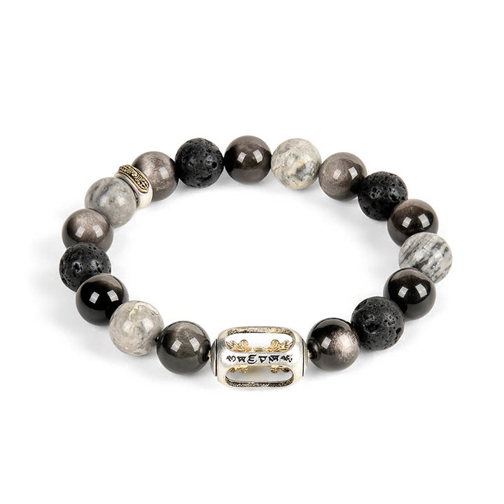 Buddha Stones, silberfarbener Obsidian, Lavagestein, grauer Jaspis, Om Mani Padme Hum Vajra, beruhigendes Armband - image 4