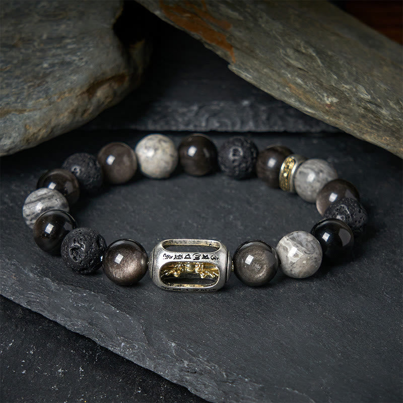 Buddha Stones, silberfarbener Obsidian, Lavagestein, grauer Jaspis, Om Mani Padme Hum Vajra, beruhigendes Armband - 17 cm - image 0